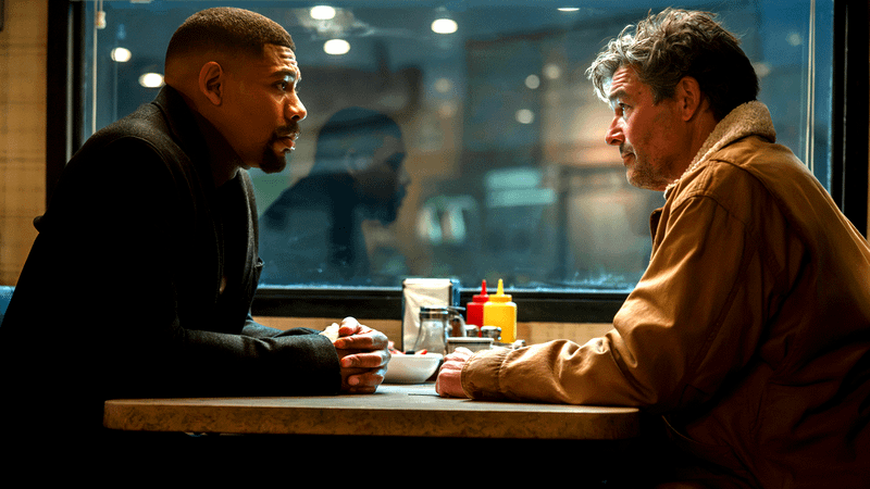 Kyle Chandler Hal Jordan with Aaron Pierre John Stewart in Lanterns Episode 6 diner.