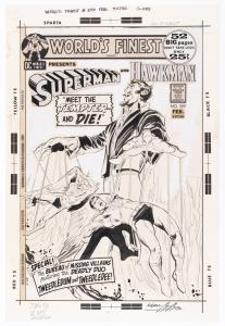 Pen-and-ink original art by Neal Adams for the cover to World's Finest #209 (DC Comics, Feb 1972). The art spotlights Mike Friedrich's "Meet The Tempter...And Die" Superman and Hawkman story. Estimate: $50,000+