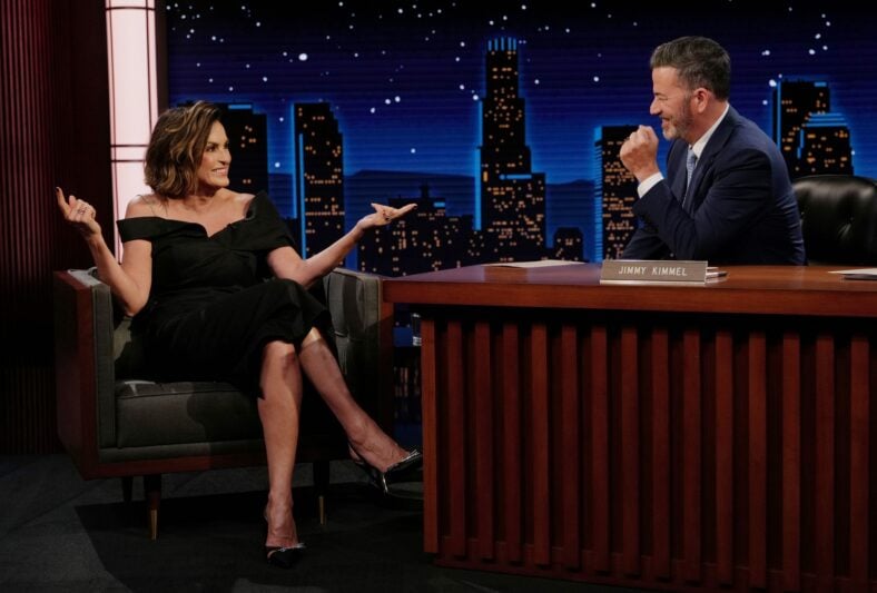 Mariska Hargitay and Jimmy Kimmel talk during an episode of Jimmy Kimmel Live