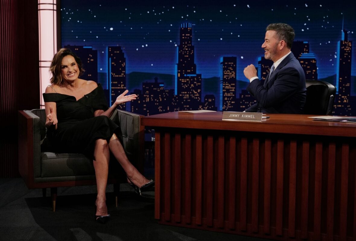 Mariska Hargitay and Jimmy Kimmel talk during an episode of Jimmy Kimmel Live