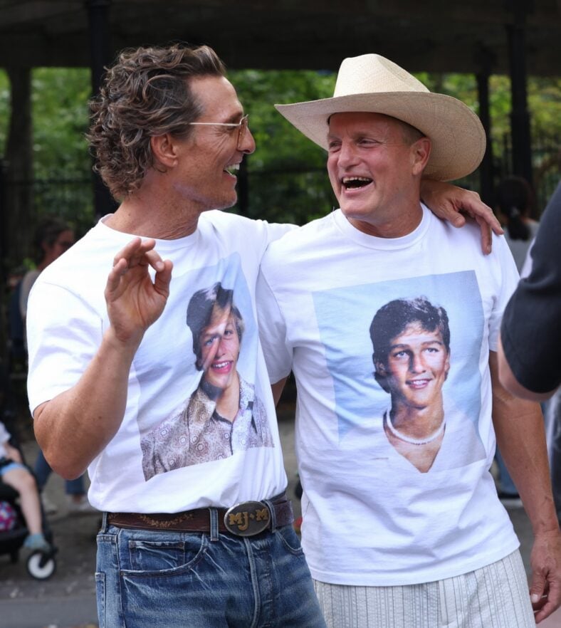 Woody Harrelson and Matthew McConaughey wear shirts with their younger selves on them