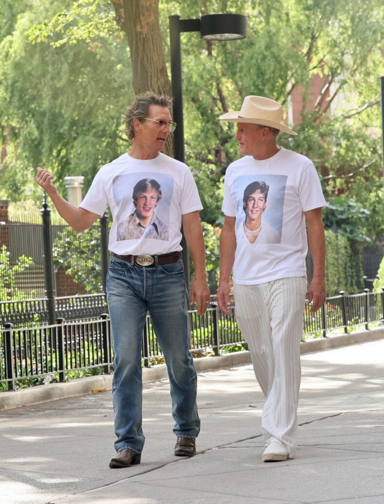 Woody Harrelson and Matthew McConaughey wear shirts with their younger selves on them
