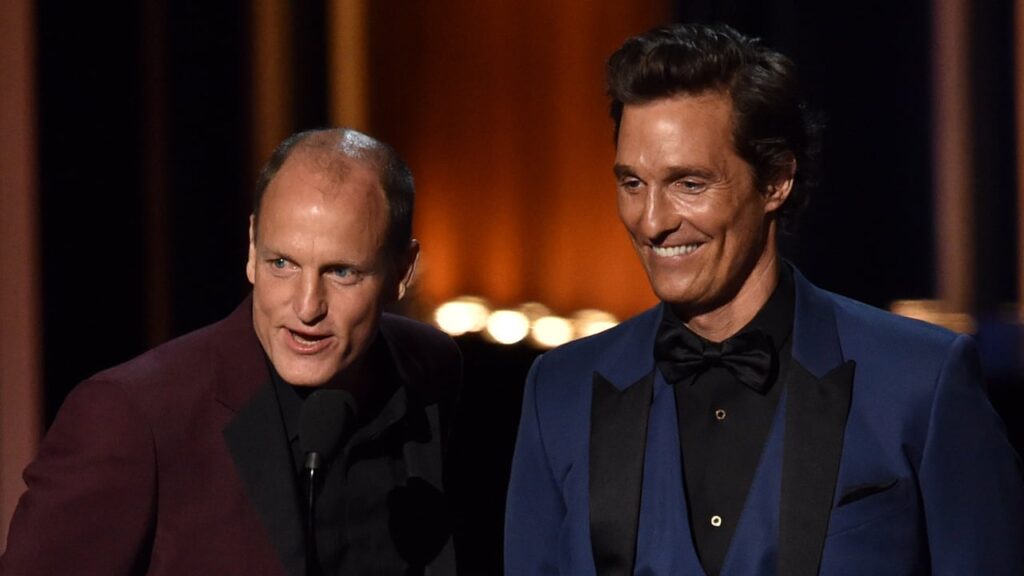 Matthew McConaughey and Woody Harrelson Wear Childhood Photo T-Shirts While Promoting New Series ‘Brothers’