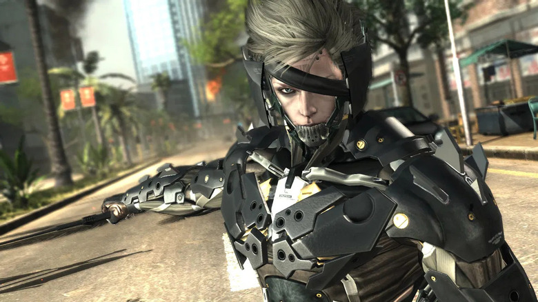 Raiden holds out a sword on a city street in Metal Gear Rising: Revengeance
