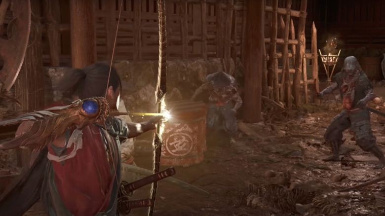 Miyamoto Musashi aims a glowing arrow in Onimusha: Way of the Sword