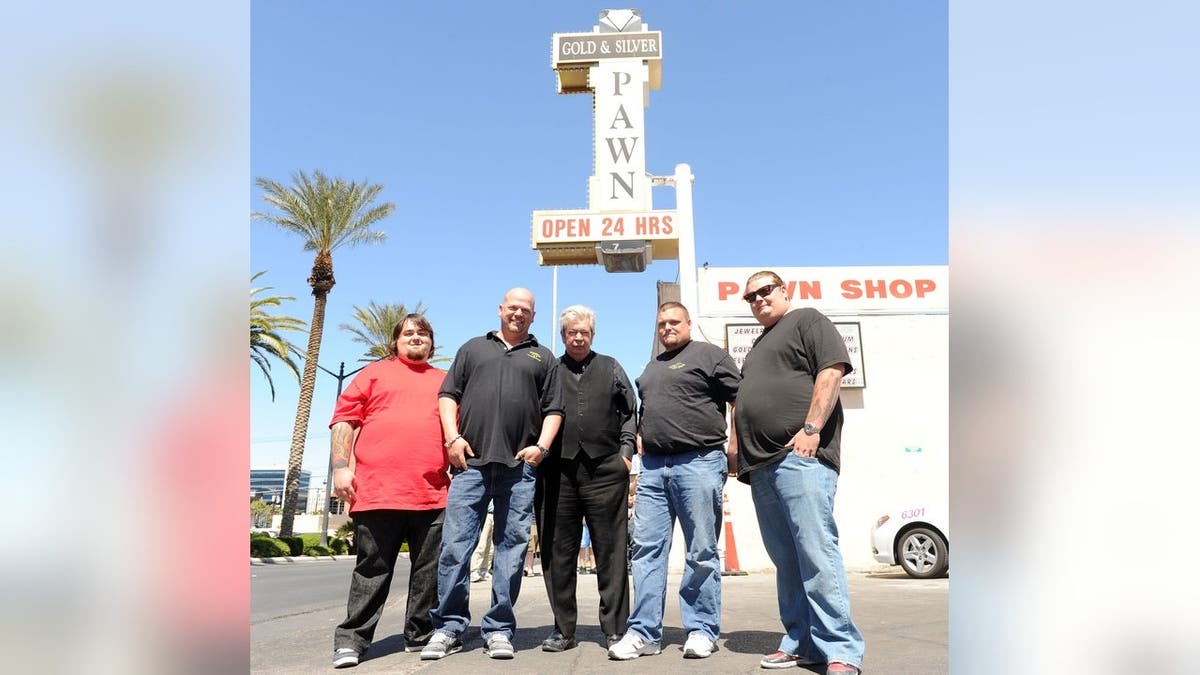 Austin Chumlee Russell, Rick Harrison, Richard Harrison, Corey Harrison and Gabe Rygaard pose for photos at Gold and Silver Pawn.