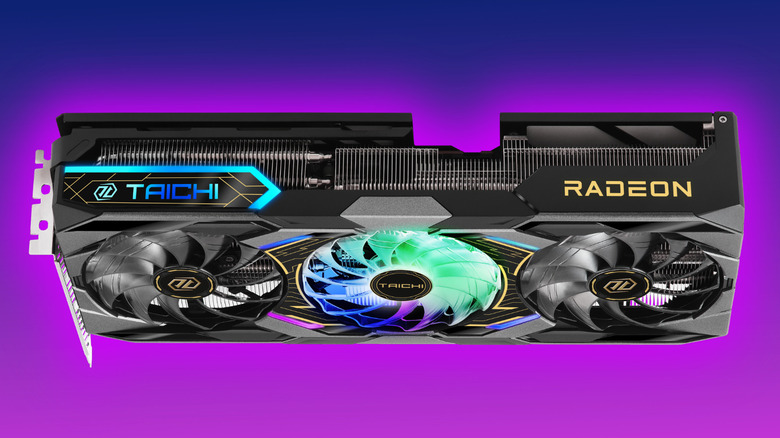 Asrock Radeon RX 9070 XT Taichi OC 16GB GDDR6 PCI-Express Graphics Card on a purple gradient background