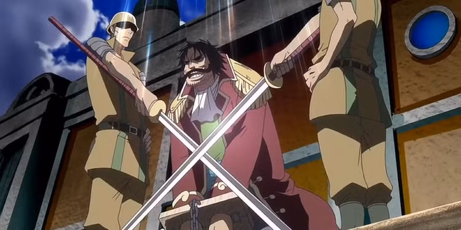 Gol D. Roger is seated on the execution platform with a smile on his face in One Piece.
