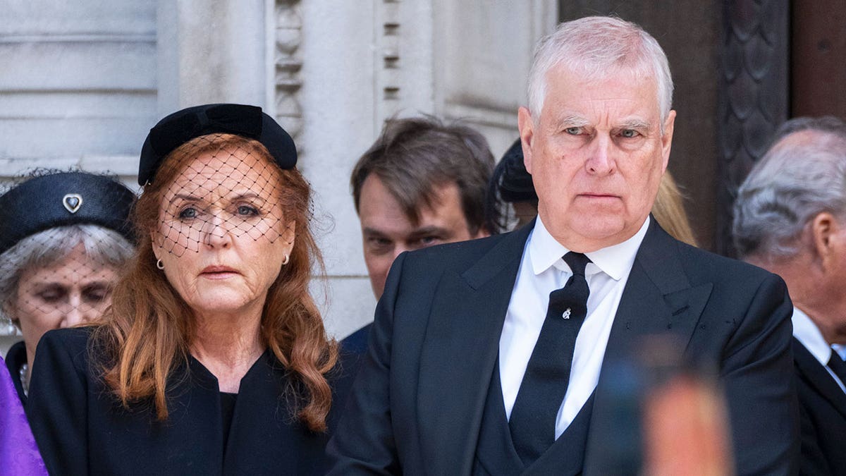Sarah Ferguson and Andrew Mountbatten-Windsor looking concerned outside of church.
