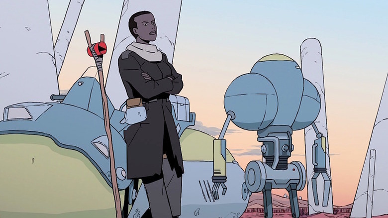 Animated Azi standing next to robot Levi
