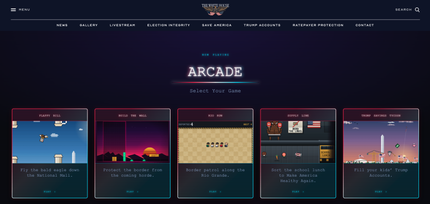 A screenshot of the White House website showing arcade-style games that allow users to arrest immigrants and build a border wall.