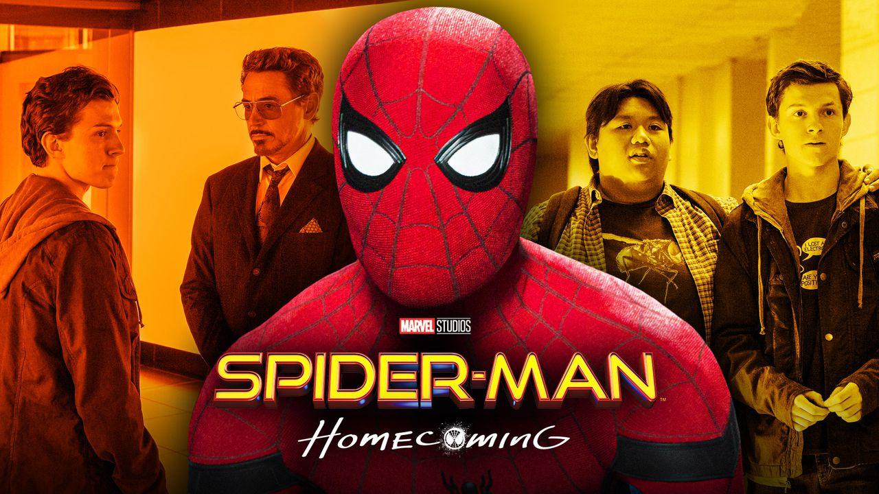 Stills from Spider-Man: Homecoming in front of masked Tom Holland as Spider-Man and Homecoming logo.