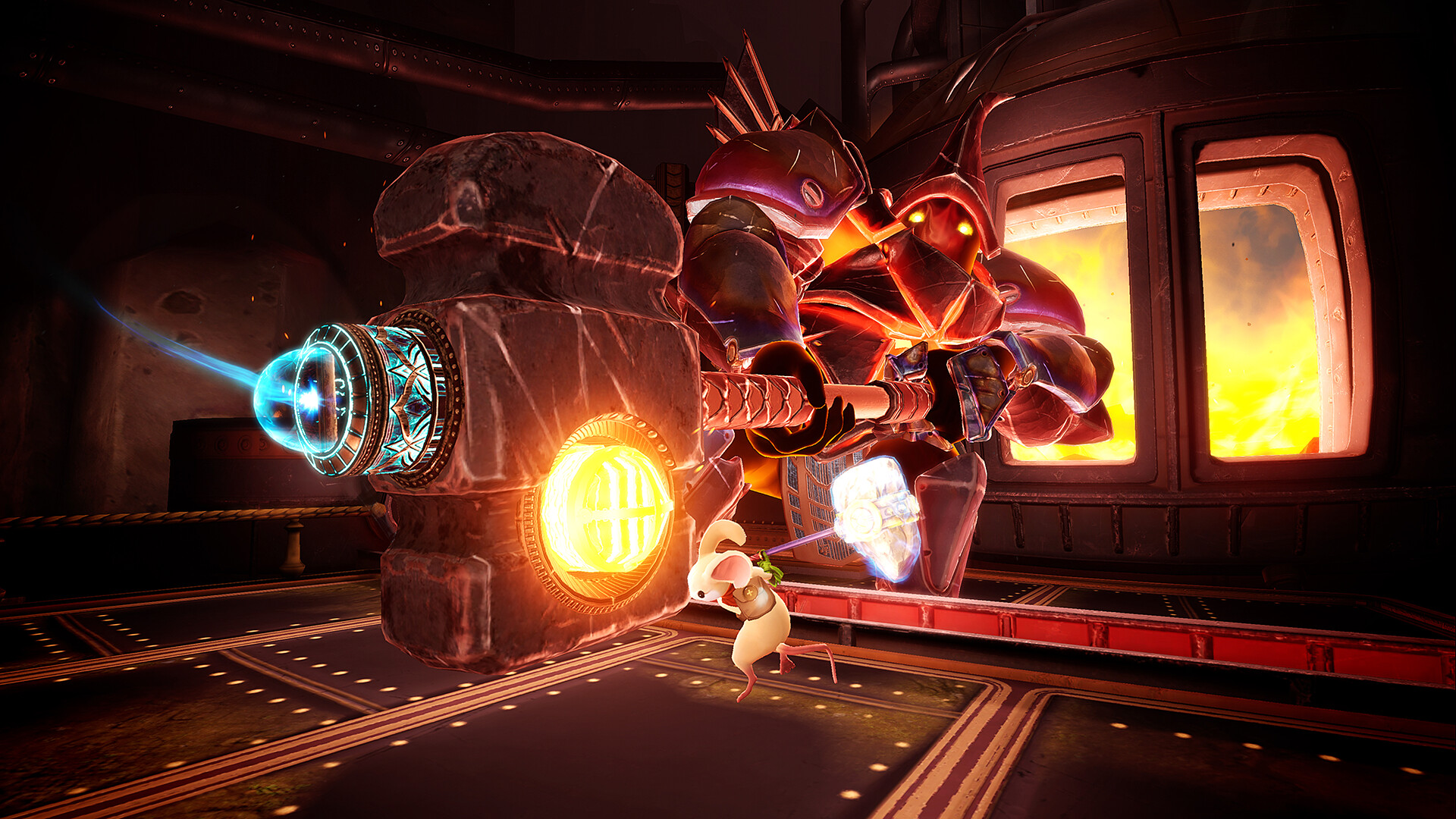 Quill swings a glowing blade at a large armored boss wielding a stone hammer in a red-lit forge in Moss: Book II