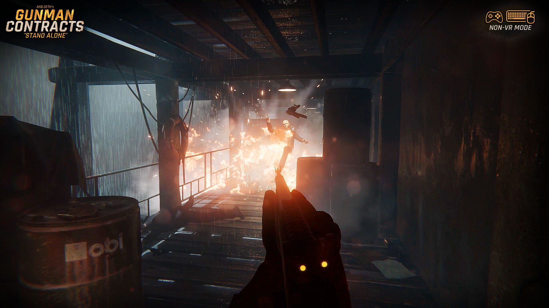 Non-VR mode in Gunman Contracts Stand Alone, an iron sights view down a rain soaked dockside walkway as an explosion throws an enemy backwards, with a NON-VR MODE badge in the top right corner