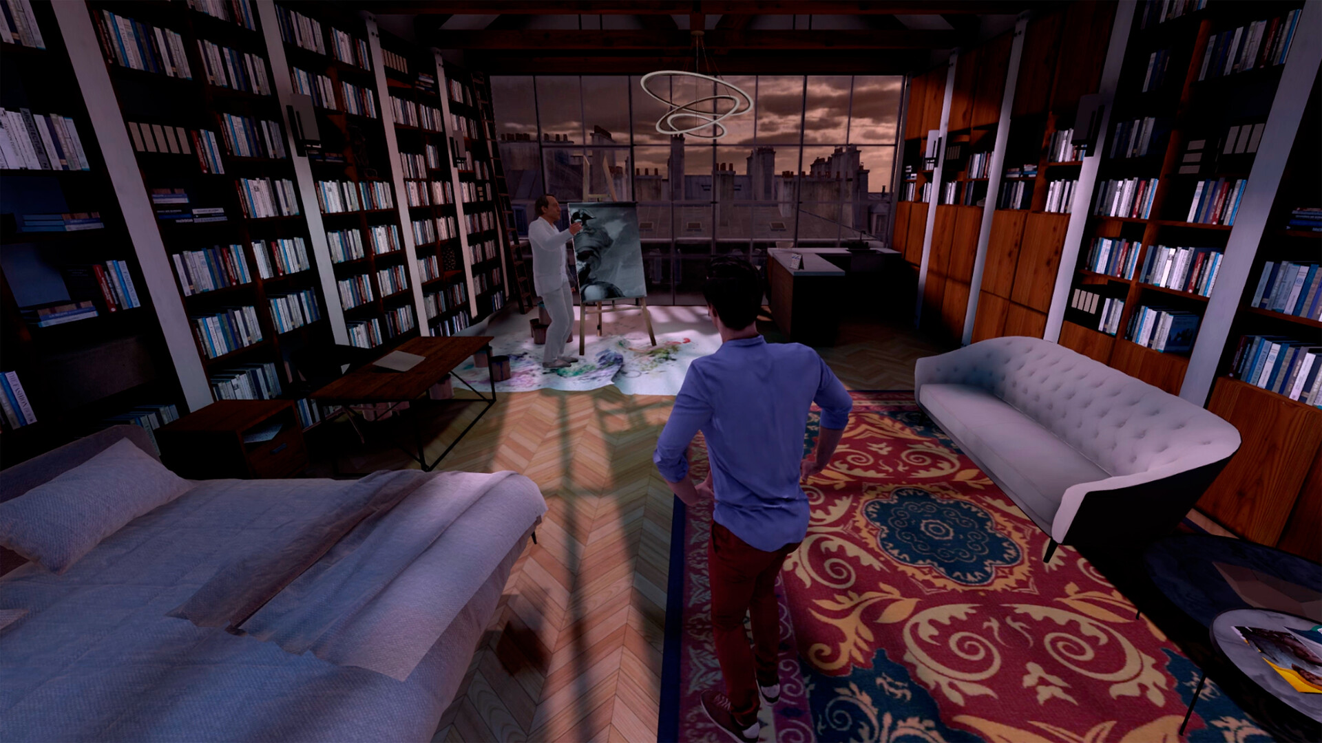 A fully rendered Paris apartment interior with bookshelves, a painter at an easel and evening light through tall windows