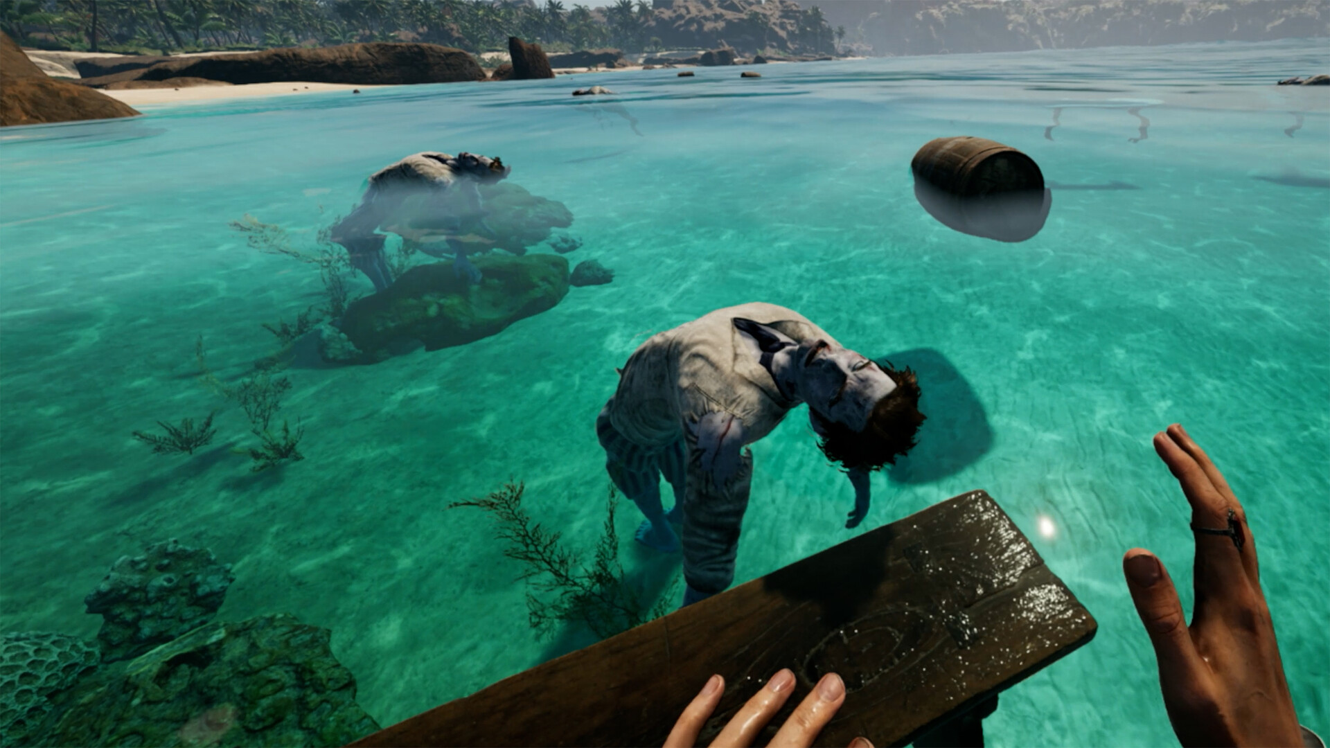First-person view in Bootstrap Island, hands resting on a floating wooden plank in clear shallow water with a shipwreck victim's body drifting nearby and a beach behind.