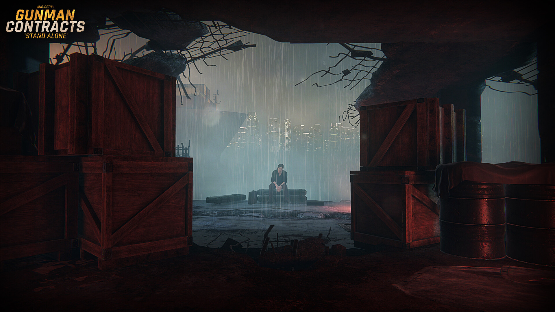 Rain over a harbor warehouse in Gunman Contracts Stand Alone, a bound figure sitting on pallets between two large wooden crates with a ship's bow and a lit city skyline behind