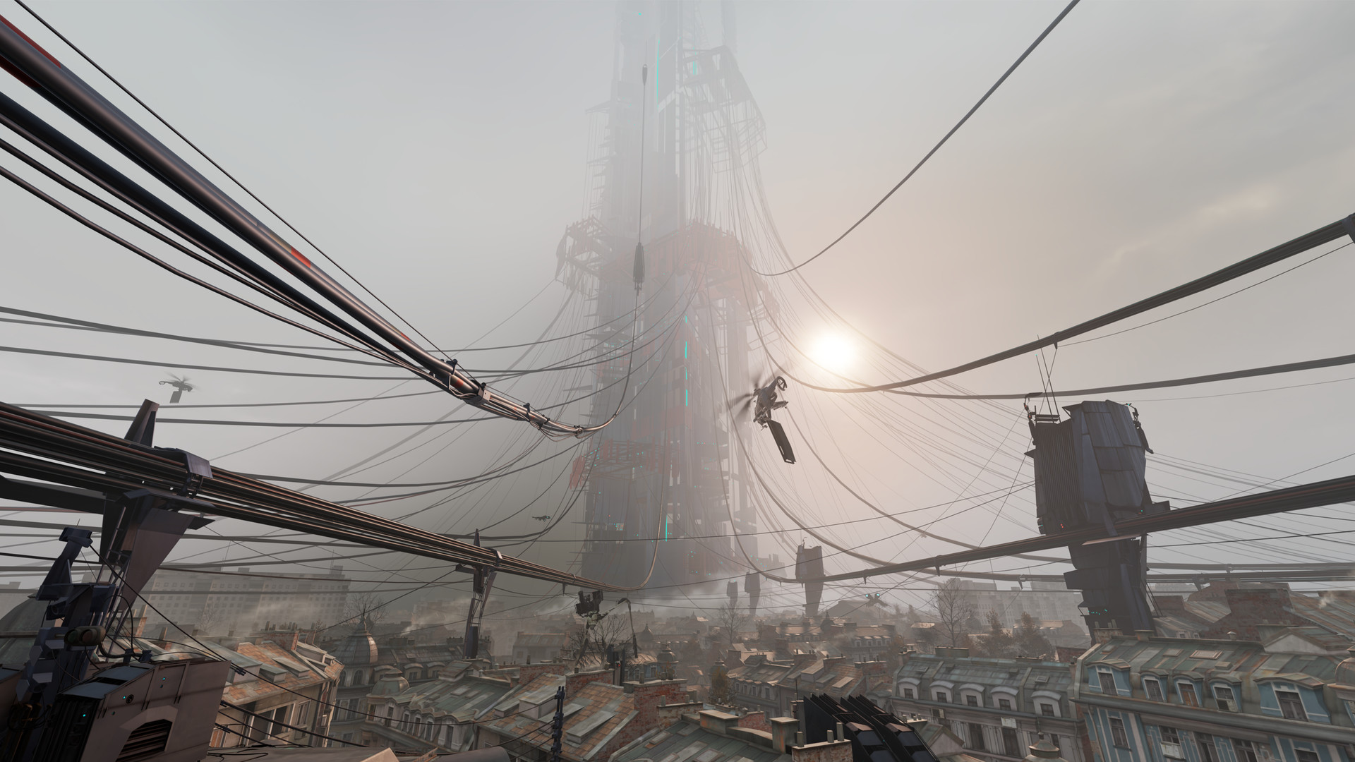 Half-Life: Alyx screenshot looking up at the Combine Citadel through a tangle of overhead cables above City 17 rooftops