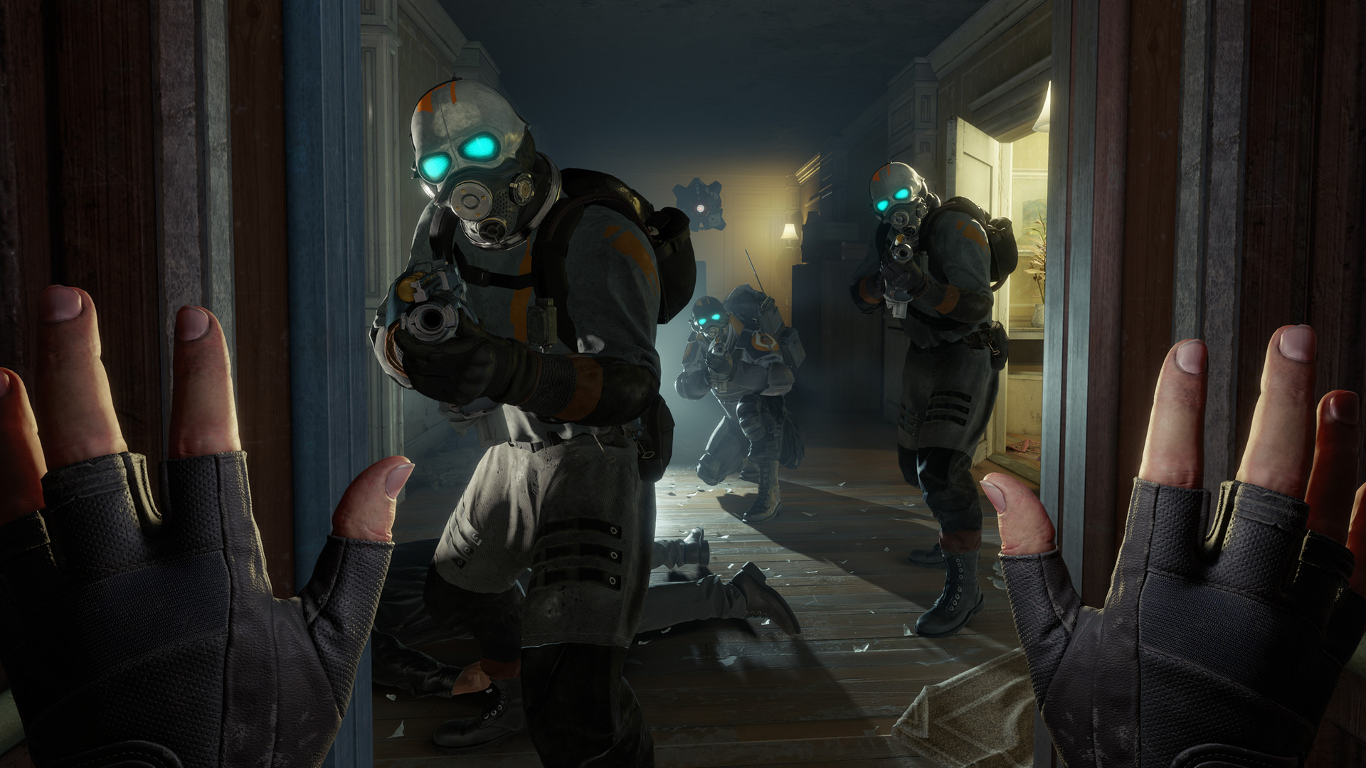 First-person view in Half-Life: Alyx of gloved hands raised as Combine soldiers with glowing eyepieces advance through a narrow hallway