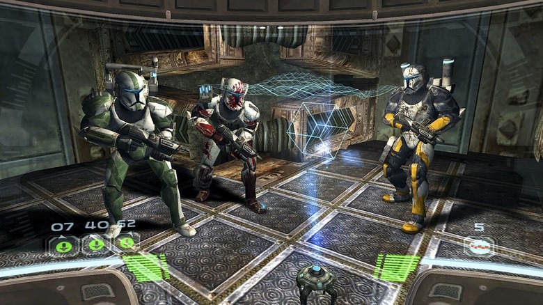 Clone troopers examine a holocron map in Star Wars: Republic Commando