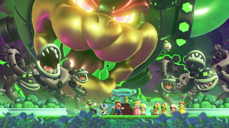 Bowser menaces Mario and his friends in Super Mario Bros. Wonder