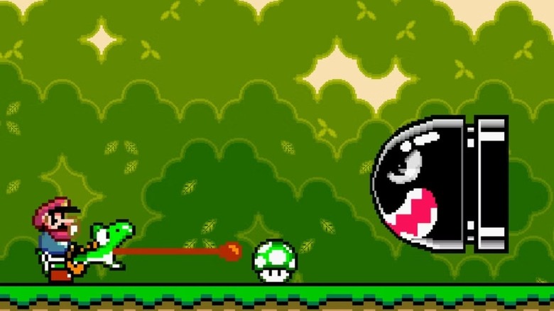 Mario riding a Yoshi reaches for an extra life as a Bullet Bill approaches in Super Mario World