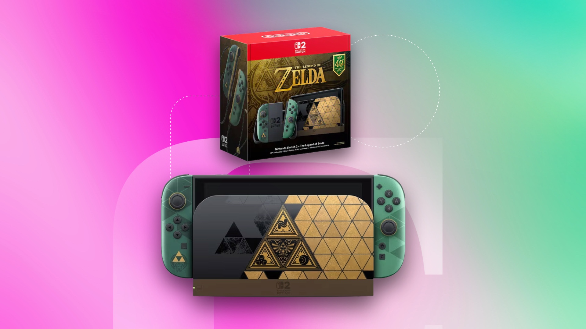 A Nintendo Switch 2 40th Anniversary Legend of Zelda edition on a CNET background