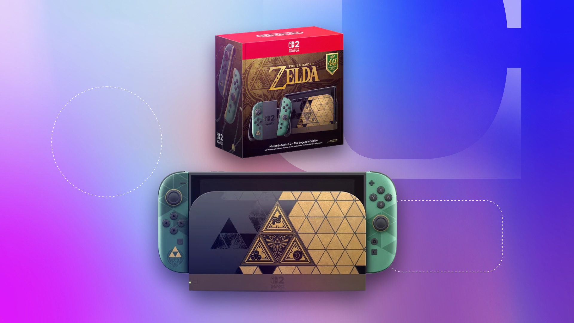 A Nintendo Switch 2 40th Anniversary Legend of Zelda edition on a CNET background