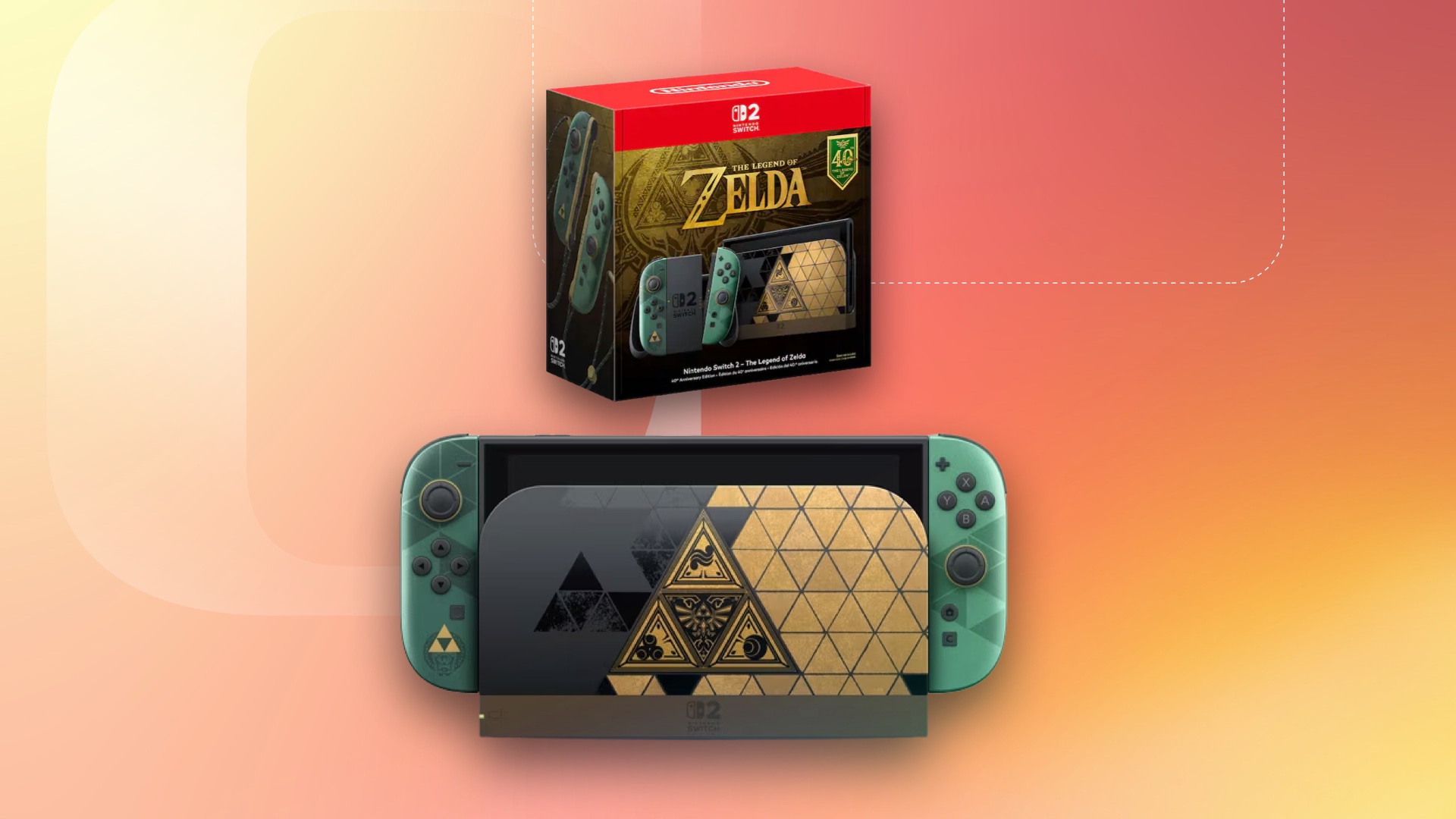 A Nintendo Switch 2 40th Anniversary Legend of Zelda edition on a CNET background