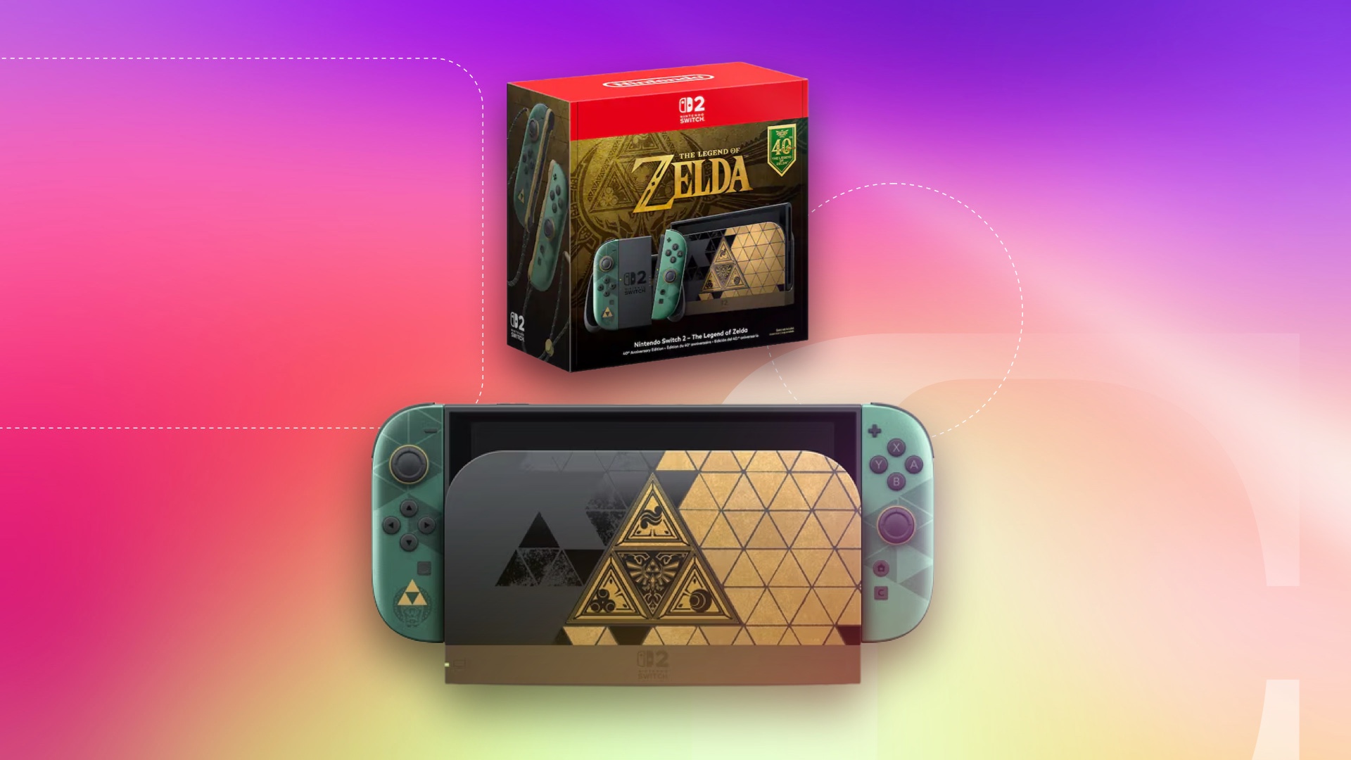 A Nintendo Switch 2 40th Anniversary Legend of Zelda edition on a CNET background