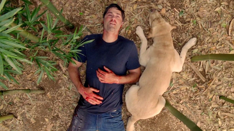 Matthew Fox as Jack, laying on the floor next to the dog, Vincent, in Lost.