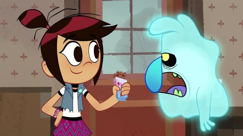 Molly McGee holding up a chocolate bar for Scratch in "The Ghost and Molly McGee"