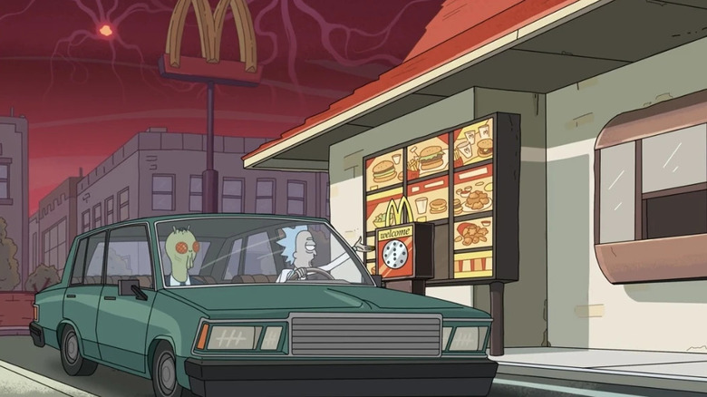 Rick taking an alien agent through a McDonalds drive through in Rick and Morty.