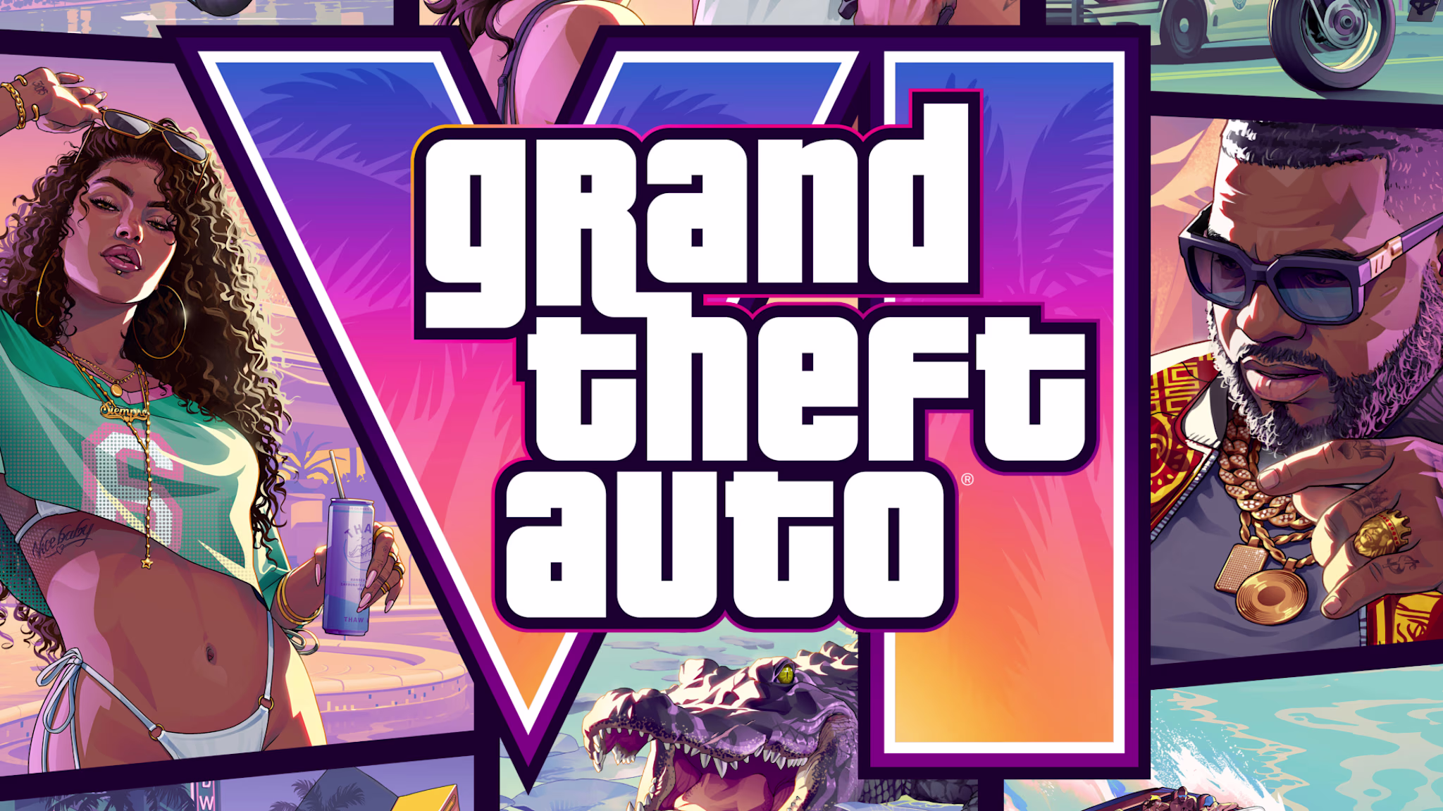 Stylized "Grand Theft Auto VI" cover art featuring vibrant characters, a woman with a drink, a man in sunglasses, and an alligator.