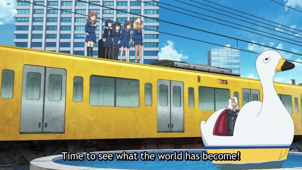 The main characters standing on top of the train, looking down as a man sails away in a swan-shaped boat. Subtitle text reads: Time to see what's become of the world!