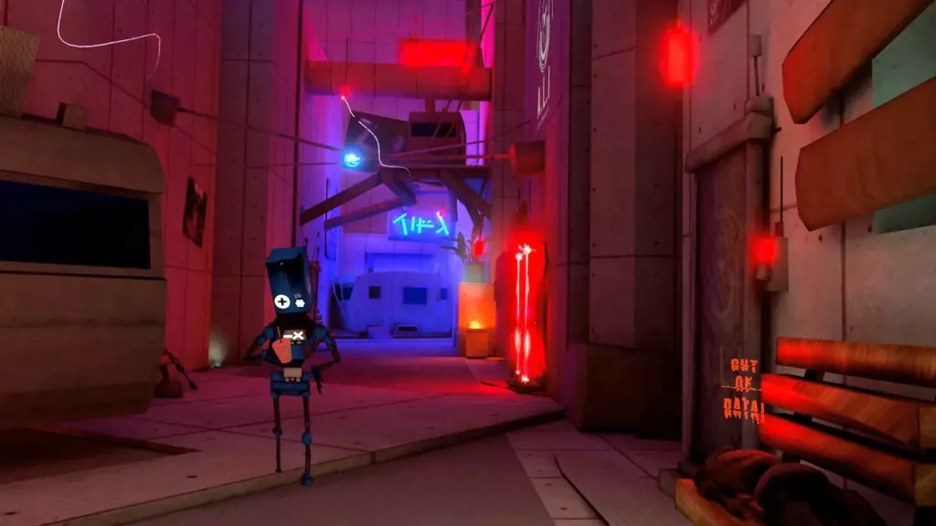 A small blue service robot with an X for a mouth stands in a neon-lit cyberpunk alley of concrete walls and hanging cables