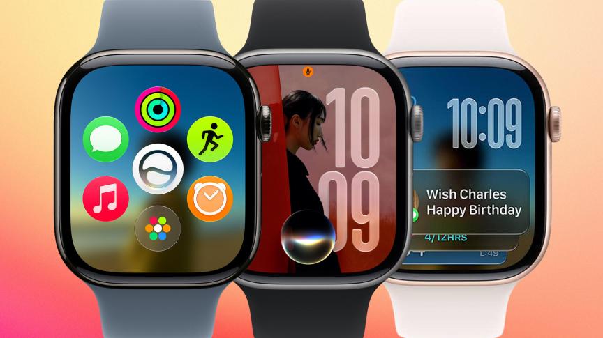 Three Apple watches with the users’ five most used apps displayed on the watch faces.