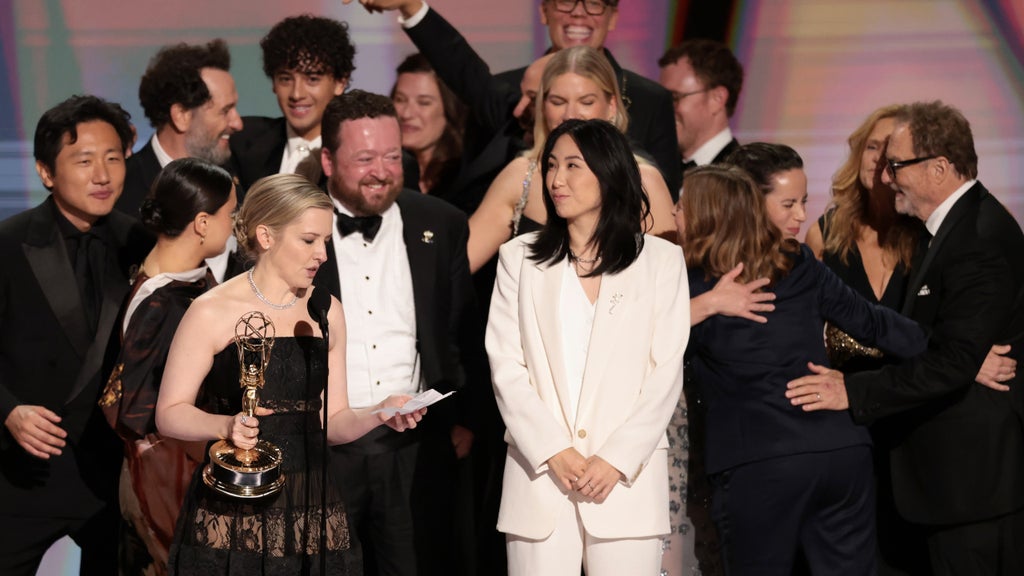 The "Widow's Bay" cast, writers and producers accept the Emmy for Outstanding Comedy Series