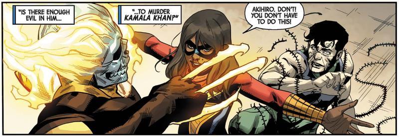 Ms. Marvel standing in front of Akihiro in Inglorious X-Force, stopping him from killing a man.