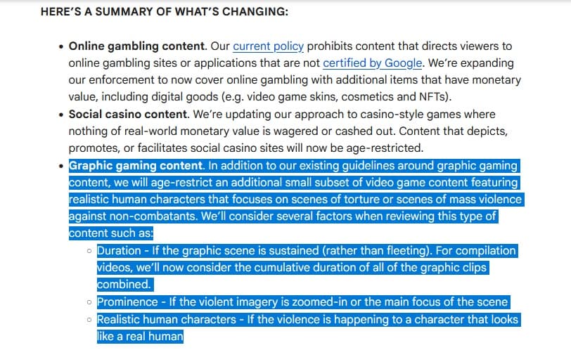 YouTube policy page outlining graphic gaming content restrictions and review factors