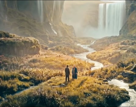 Screenshot from AI-generated series Castle Walls, showing two figures on a grassy hill by a stream, with a waterfall in the background