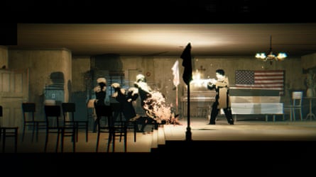 An avatar in a video game holding a machine gun that is blasting towards a group of people. They are in a dark, dingy room with an upright piano, and an American flag hung on the hall.