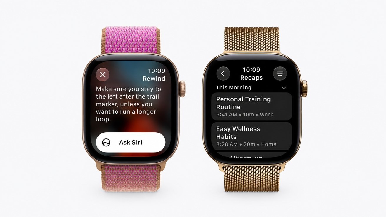 Two smartwatches side by side, one with a pink fabric band showing a Siri text prompt, the other with a gold metal band displaying a dark screen of scheduled wellness activities.