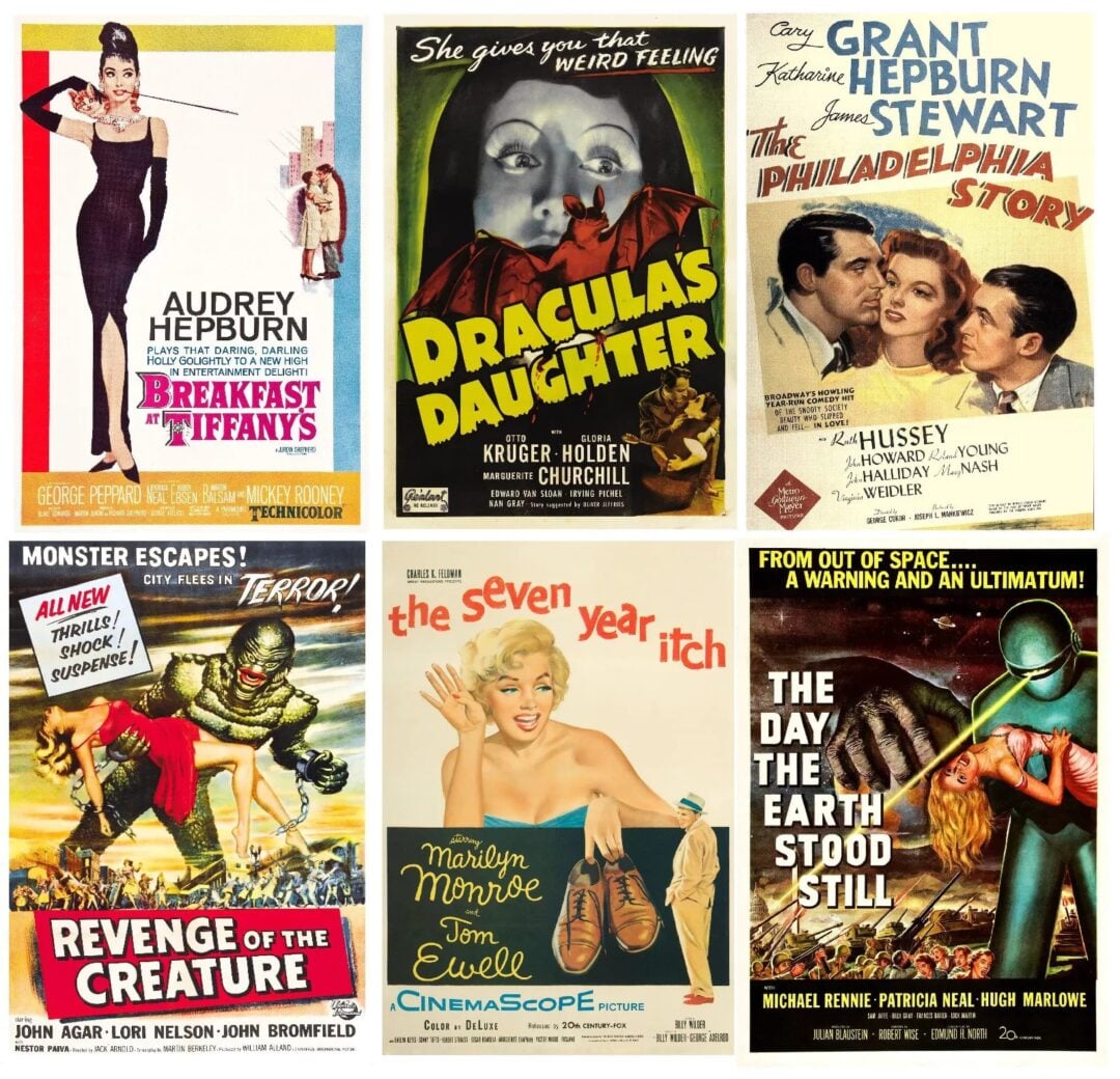 A collage of six vintage movie posters, featuring "Breakfast at Tiffany's," "Dracula's Daughter," "The Philadelphia Story," "Revenge of the Creature," "The Seven Year Itch," and "The Day the Earth Stood Still.