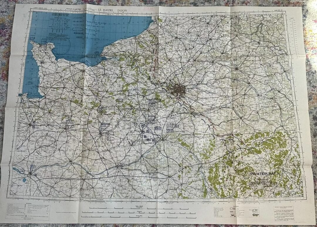 A detailed vintage map showing the northern region of France, including Le Havre, and parts of the English Channel. The map features roads, railways, and geographical details like forests and rivers. It has a slightly weathered and folded appearance.