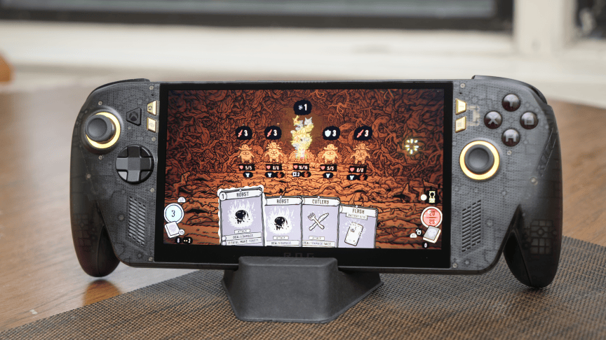The X20 in its stand with a game on the screen