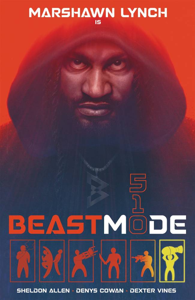 Comic book cover for BEAST MODE 510 featuring Marshawn Lynch in a hood above the title BEASTMODE and a row of six illustrated icons of him, with the names Sheldon Allen, Denys Cowan, and Dexter Vines at the bottom.