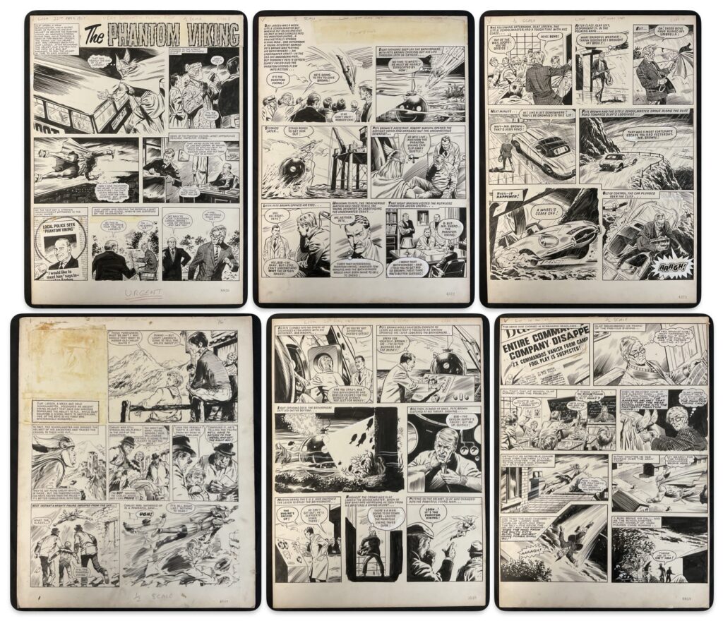 Six pages of original of black/white comic "The Phantom Viking" art from various issues of Lion comic, circa 1967, measuring 44cm x 55cm, incorrectly attributed to José Ortiz