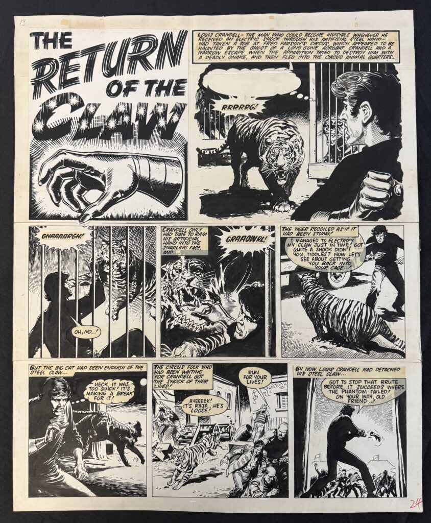 One of "The Steel Claw" artwork lots in this huge auction, created for Valiant by Jesus Blasco, circa 1973. Measures 42cm x 55cm. There are plenty of great lots in this auction featuring other classic British heroes, including Adam Eterno and Robot Archie