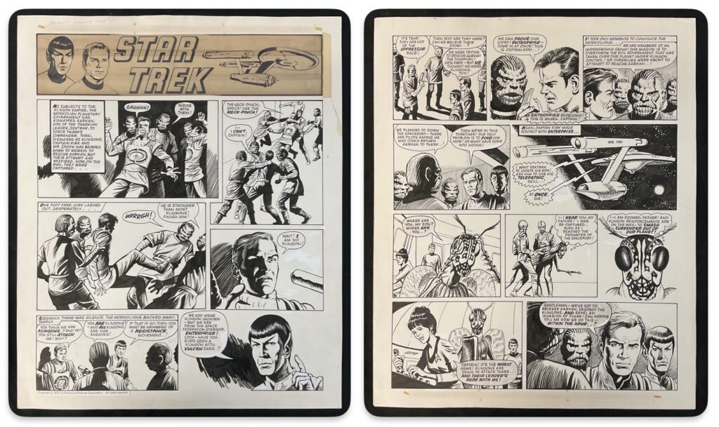 Likely to appeal to more than just British comic art collectors, some "Star Trek" art from the pages of Valiant and TV21, for the issue cover dated 21st April 1973 by John Stokes. Measure 45cm x 54cm There's more on offer in the auction
